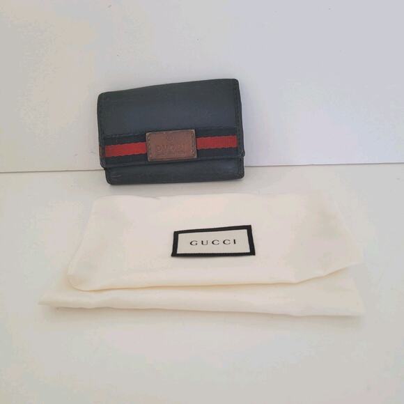 Gucci Logo Key Holder Wallet Case Leather Small Unisex Black Trifold Striped - Picture 1 of 12